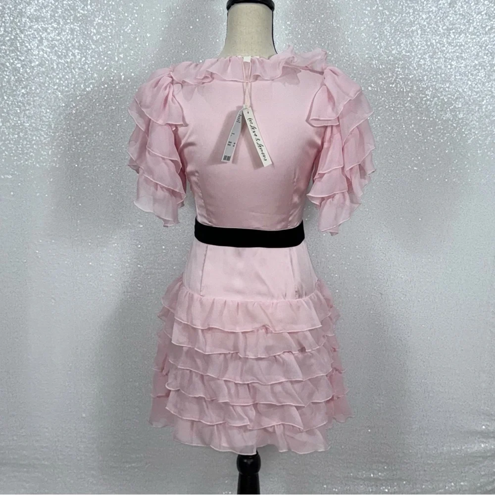 For Love & Lemons Danali Ruffle Pink Ruffle Mini Dress with Black bow - Picture 5 of 16